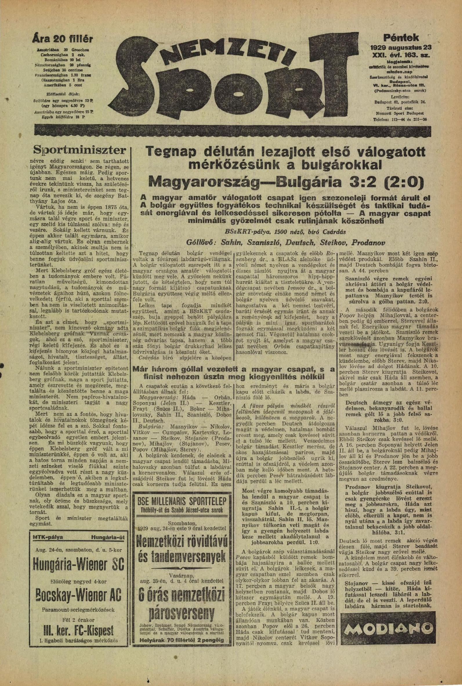 Sportminiszter. In. Nemzeti Sport, 21. 1929. augusztus 23. 1.
